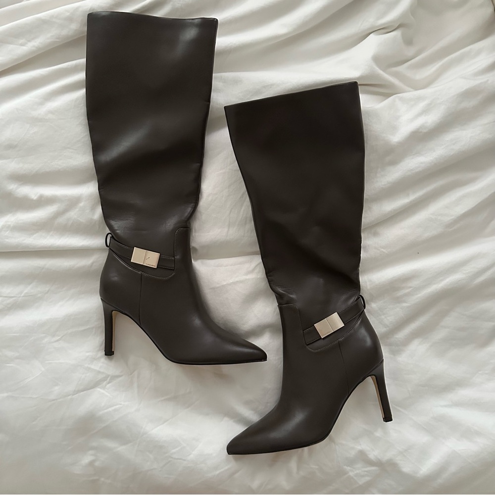 Calvin Klein brown knee-high leather boots with 3” heel
